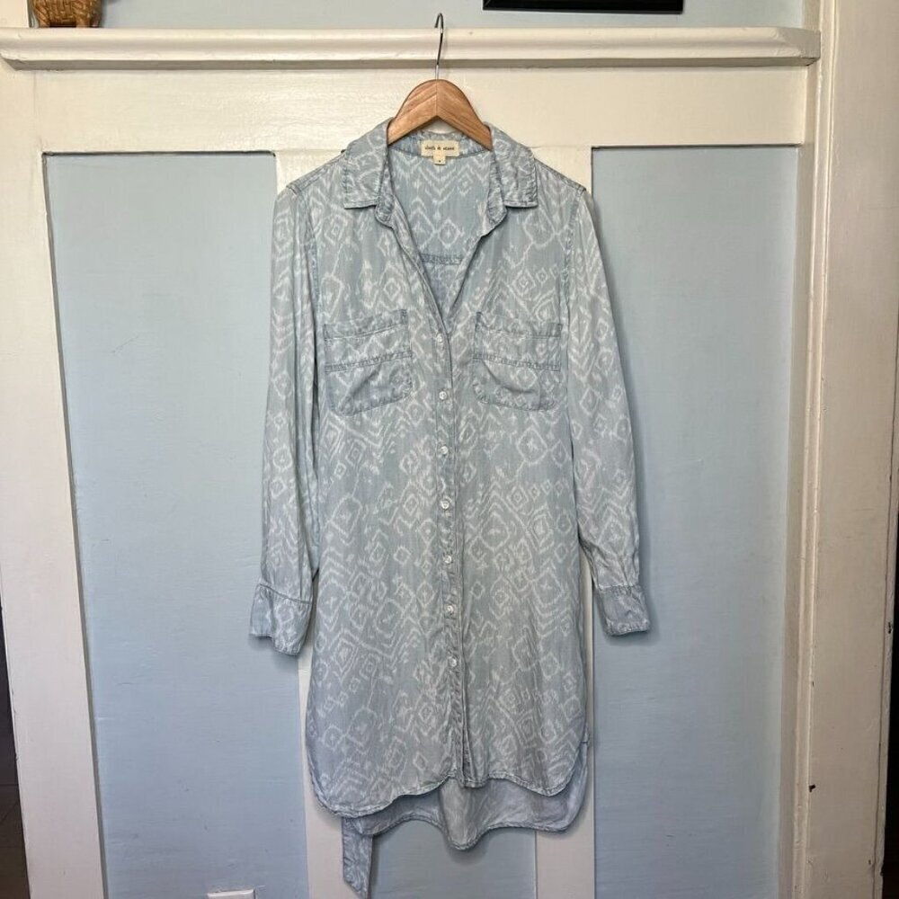 Anthropologie Cloth & Stone Blue & White Ikat Chambray Collared Button Front Dre - Picture 2 of 12